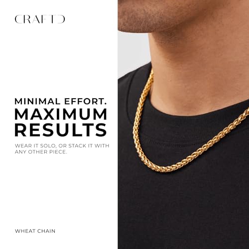 CRAFTD | Gold Wheat Link Chain | Durable 18K Gold & 316L Stainless Steel | Waterproof, Heat & Sweat Resistant | Gifts for Men | Men's Jewelry |2