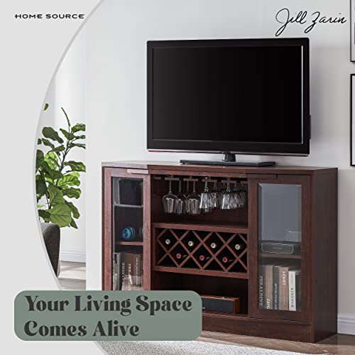 Home Source - Jill Zarin Stylish, Elegant Indoor Home Mahogany-Colored Bar Cabinet With Curved Glass Doors, Built-In Wine Rack, Lower Wine Cabinet, Liquor Cabinet - Mahogany-Colored Wood #TOP3