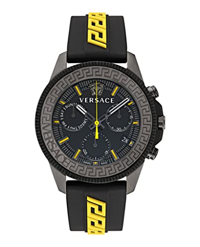Versace Greca Action Chrono Collection Luxury Mens Watch Timepieces with a Black Strap and Dial Featuring a IP Gunmetal Case