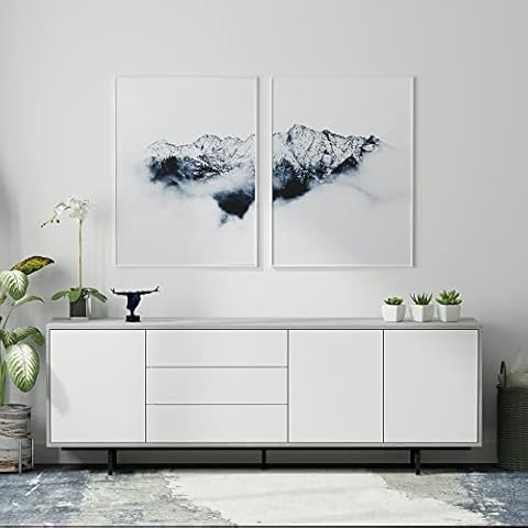 Glenwillow Home Atlas 78" x 28" Highboy Modern TV Stand Cabinet and Sideboard - Grey Frame, White Door/Drawers, Black Base Cover
