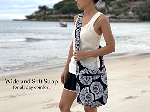 Image of Sea Shell Crossbody Bag - Fully Lined with Front Zippered Pocket - Hippie Hobo Snail Shoulder Purse - Black and White - Medium