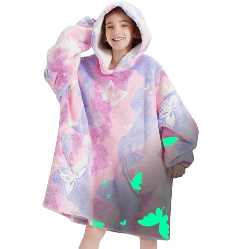 Wearable Blanket Hoodie for Kids Oversized Sherpa Blanket Hoodie for Kids Boys Girls Teens 6-13YR,Glow in The Dark Butterfly