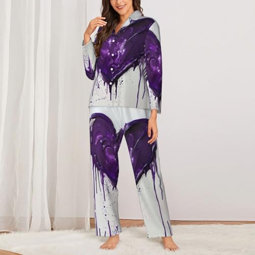 Pyjama violet imprimé amour ensemble chaud et fluide contre le froid nocturne - 2