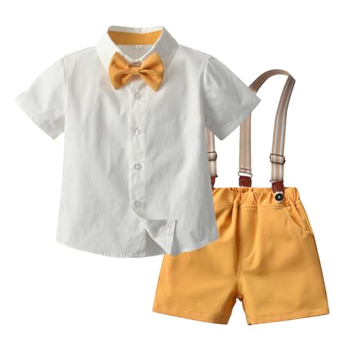 Image of Volunboy Baby Boy Formal Short Set Toddler Summer Gentleman Outfit Kid Short Sleeve Bowtie Shirt Suspender Shorts Suit