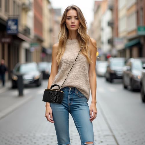 Image of M-ioi-M Small Genuine Leather Purse Quilted Crossbody Bag for Women, Mini Top-Handle Shoulder Handbag w /Gold Chain Strap
