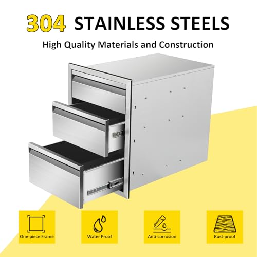 Image of Outdoor Kitchen Drawers 16 inch W x 21 inchH x 23 inchD Triple BBQ Drawers Stainless Steel Built-in Drawer for Outdoor Kitchen Island, Patio Grill Station