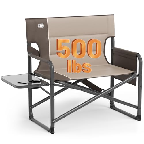 Timber Ridge XXL Director’s Chair – Heavy Duty Folding Chair with Side Table, 500 lb Capacity, Extra Wide Padded Seat for Camping, Sports, Beach, Patio, and Outdoor Use, Tan
