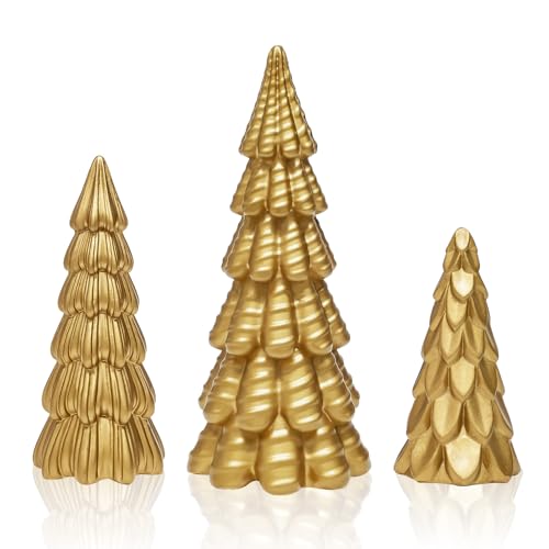 Warmtree 3 Pcs Gold Christmas Tree Figurines, Small Resin Christmas Trees Home Decor, Tabletop Tree Decoration Figurine Set, Collectible Figurines for Indoor Home Decor