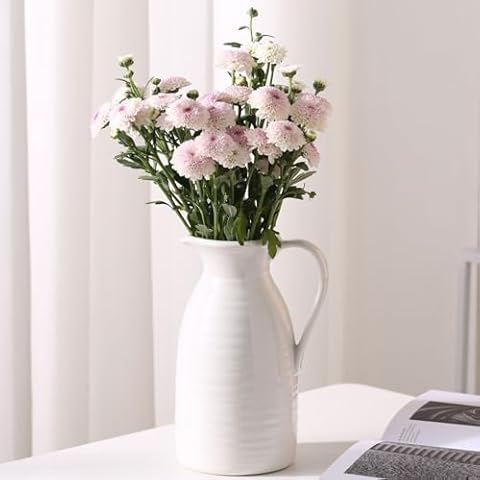 hjn Farmhouse Pitcher Vase for Flowers- Ceramic Pitcher Vase White Flower Vase for Your Kitchen/Home Decor/Office/Living Room/Bookshelf/Mantel/-White Cover