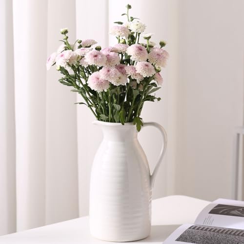 hjn Farmhouse Pitcher Vase for Flowers- Ceramic Pitcher White Flower Vase for Your Kitchen/Home Decor/Office/Living Room/Bookshelf/Mantel/-White
