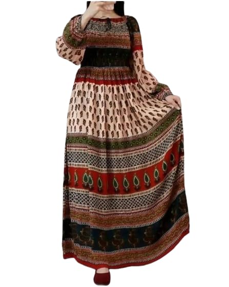 Image of Women's Cotton Dress Jaipuri Sanganeri Print Midi Long Dress Printed Fit and Flare Maxi Dress A-Line Gown Dress Maxi Skirt, Mandala (Free Size)