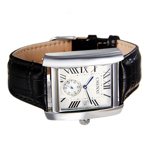 Avanver メンズカジュアルビンテージ ローマ数字 アナログレザーストラップウォッチ 秒針 カレンダー クォーツスクウェアウォッチ シルバー