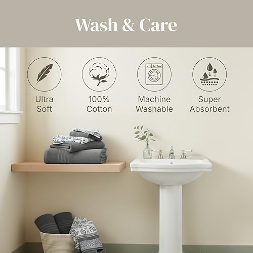 Image of Modern Threads 6 Piece Bath Towel Set - Bathroom Set with 2 Bath Towels, 2 Hand Towels, and 2 Wash Cloths - 100% Cotton, Super Absorbent & Extra Soft - Reversible Floral Trail (Gray)