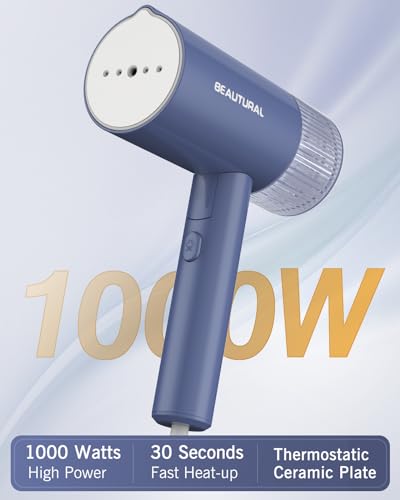 Image of BEAUTURAL Travel Steamer for Clothes, Portable and Handheld, 1000W, Blue | Foldable Garment Wrinkle Remover, Fast 30s Heat-up, 120V Only (Not for 220V Europe)