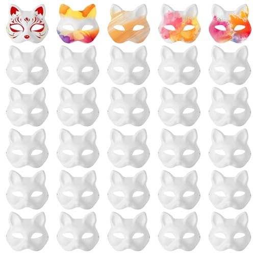 Oungy 30 PCS Therian Mask Cat Mask to Paint, White Paper Fox Masks Blank Mask DIY Halloween Mask Therian Costume Mask for Carnival Cosplay Party Dance Masquerade Costume Halloween