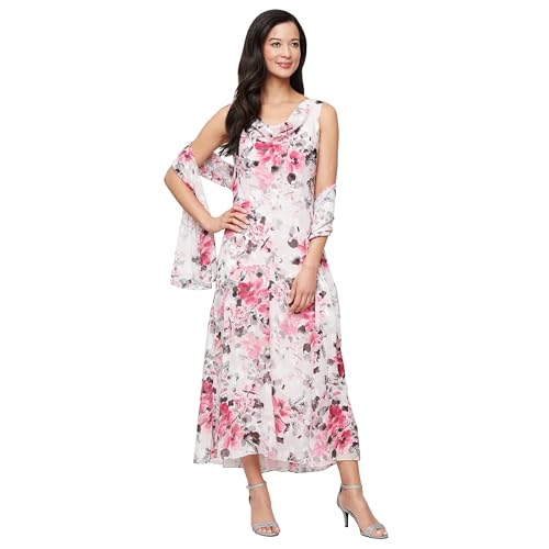 Image of Alex Evenings Women's Formal Sleeveless Cowl Neck Floral Print Gown with Shawl, Wedding Guest, Mother of The Bride Dress