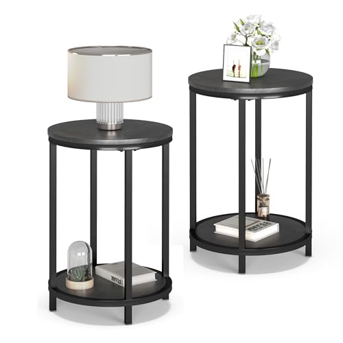 Image of NSdirect Round Side Table Set of 2,16in Rustic Wooden End Table Surface Top & Sturdy Metal Legs Nightstand for Living Room Bedroom Farmhouse Sofa Table with Storage Open Shelf,Black