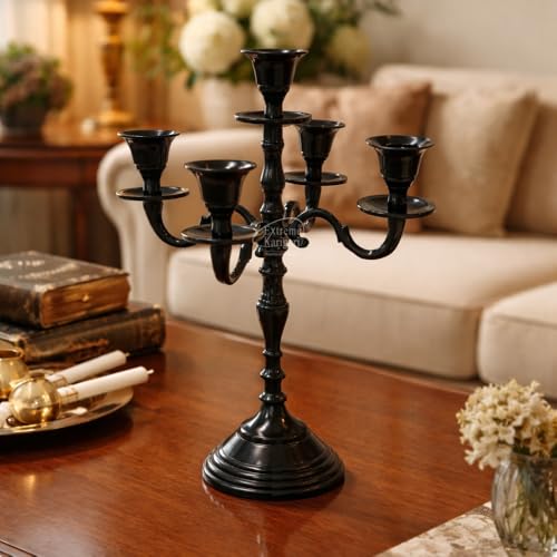 Image of 5 Arm Black Metal Candelabra Candle Stand | 12 Inch Tall Decorative Candlestick Holder for Dining Table, Living Room, Wedding & Home Decor (Black)