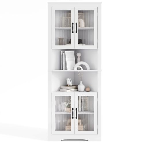 COSTWAY Armoire d'angle 171 cm, Buffet Triangulaire Gain de Place avec 4 Portes en Verre Trempé, Étagères Réglables, Meuble Colonne pour Cuisine, Salle de...