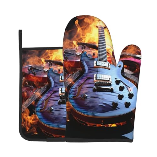 Juego de 2 guantes de horno de música para guitarra eléctrica mágica y soporte para ollas, resistentes...