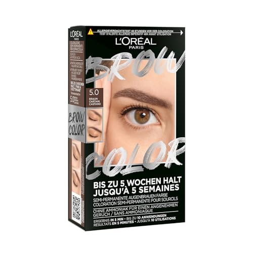 L'Oréal Paris Augenbrauenfarbe für einen strahlenden und perfekt gepflegten Look, Ammoniakfreie Augenbrauenfarbe, Bis zu 10 Anwendungen pro Pack, Brow Color, 5.0 Braun
