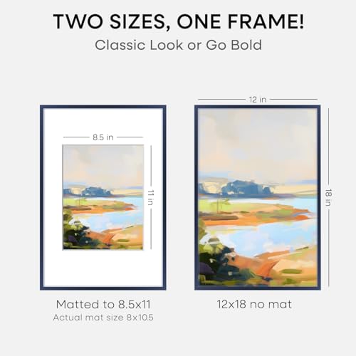 Image of Homeforia 12x18 Picture Frame Navy Blue, High End Metal 12x18 Poster Frames with Mat 8.5x11 in Photo, 12 x 18 Navy Blue Frame Matted to 8.5 by 11 Print, 18x12 Frame, Tempered Glass, Wall Kit, Set of 1
