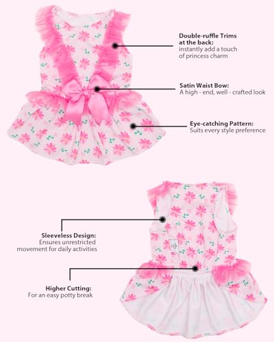 Image of CuteBone Pink Daisy Floral Pet Dress for Small Dogs, Cats - Ruffled Sleeves - Pink Satin Bow - Spring Daily, Playdate Dress