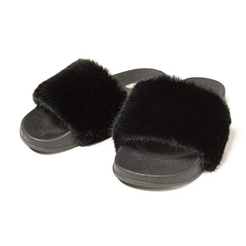 Fur Story Women's Faux Fur Slides for Outdoor Furry Leopard Print Fur Slipper Black - Thumbnail 3