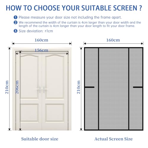 LALAGO Fliegengitter Tür Magnet, 160x210cm, Fliegengitter Balkontür Magnet, Doppeltür, Ohne Bohren, Katzenkrallen Sicher, Stärkere Magneten, Insektenschutz Tür für Balkontür Kellertür Terrassentür