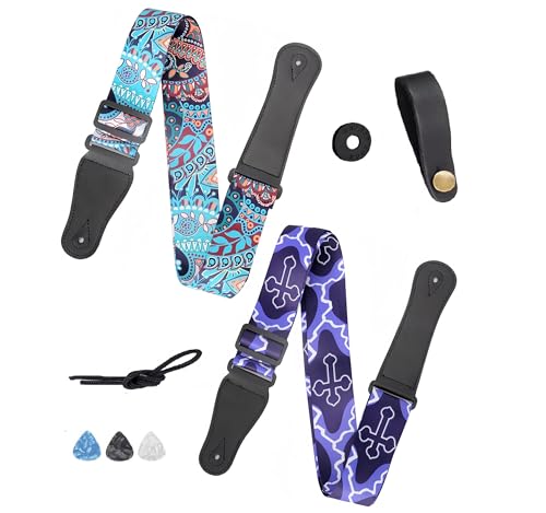 Noneea 2PCS Guitar Straps, Soft Cotton Straps With 3 Pick Holders, Button Headstock Adaptor and Button Block, Set For Electric/Acoustic Guitar