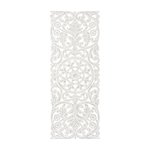 Image of JFY Designs Lisle Hand Carved Wood Medallion Wall Panels Bedroom Decor | Wall Mount Floral Sculpture Wall Art for Living Room, Bedroom Set, White Distressed Finish, Rectangular 18 x 48 inch