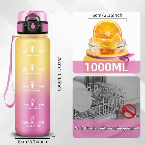 Trinkflasche 1l, Trinkflasche Sport, Wasserflasche Auslaufsicher, Wasserflasche mit Zeitmarkierung, Leicht zu Tragen und zu Reinigen… – Ansicht 4