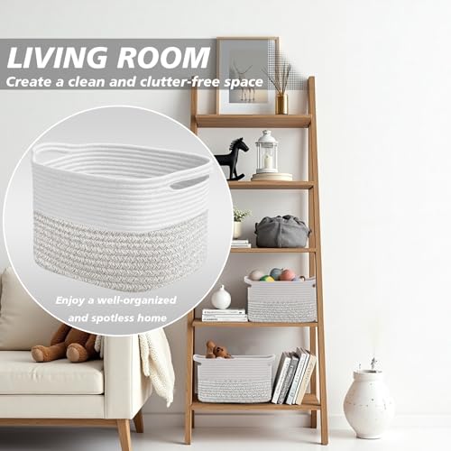 Image of Woven Storage Basket, Cotton Rope Closet Organizers Bins for Clothes Blanket Towels, Stylish Gift Baskets with Handles, 13.4 x 9.3 x 9.5 in, White and Grey (Pack of 1)