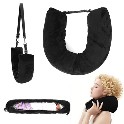 Stuffable Neck Pillow for Travel, Stuffable Travel Pillow with Adjustable Straps, 80 * 18.5cm Travel Pillow Stuffable with Clothes, Neck Pillow Stuffable for Extra Luggage Travel Essentials(Black)