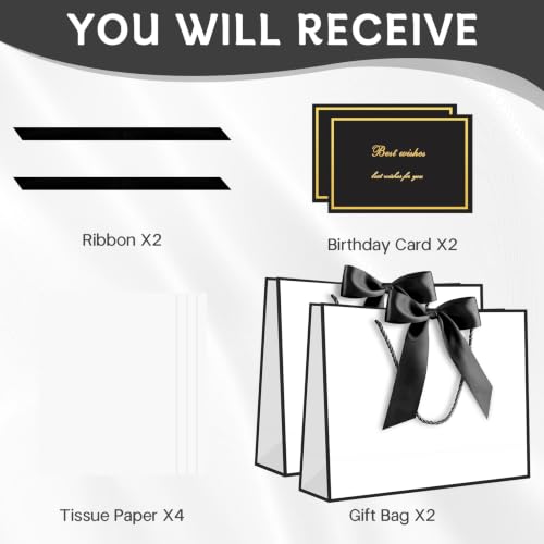 Image of JMANNI Gift Bags with Handles, 13 inch Medium Gift Bag for Presents, 2 Pcs Bags with 4 Tissue Paper and 2 Cards for Baby Shower Wedding Bridal Shower Mother's Day Birthday Party(white-Black)