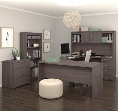 Pemberly Row Modern U-Shaped Engineered Wood Desk with Hutch File and Bookcase, Fully Reversible Unit, Assembly Required, for Home Office, in Bark Gray Finish - Thumbnail 3