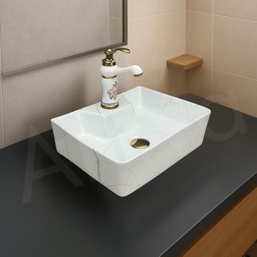 Image of Artiva Ceramic Wall Mounted Bathroom Basin /Designer Table Top Sink For Bathroom /Wall Hung Washbasin /Wash Basin For Cabinet, Countertop, Vanity (Lina White 16 x 12 x 5 Inch)