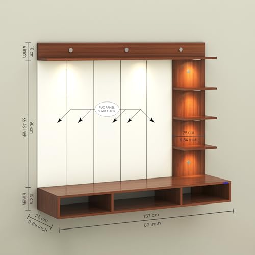 Image of Anikaa Tyron Engineered Wood Wall-Mount TV Unit with PVC Back Panel & LED Lights | TV Cabinet with Storage Box & Decorative Shelves (Walnut) | Ideal for TVs up to 55 Inch | DIY Installation