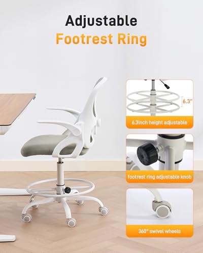 Image of LukkDys Drafting Chair with 4D Multi-Adjustable Backrest, Tall Office Chair 19.7 inch-27.6 inch Seat Height, Ergonomic Standing Desk Chair with Flip-up Arms, Foot Ring, Grey&White