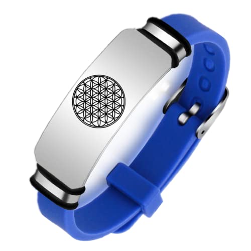 Pulsera budista de silicona con diseño de flor de la vida, diseño de geometría sagrada, regalo para meditación y curación, ajustable, color azul, Acero inoxidable Silicona