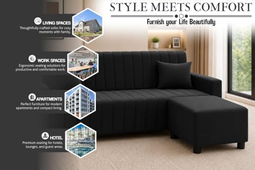 Image of Rosebell Three Seater Sofa Set with Ottoman | Living Room Couch | with Printed Cushions | Sofa for Home, Apartment & Office-Black Color