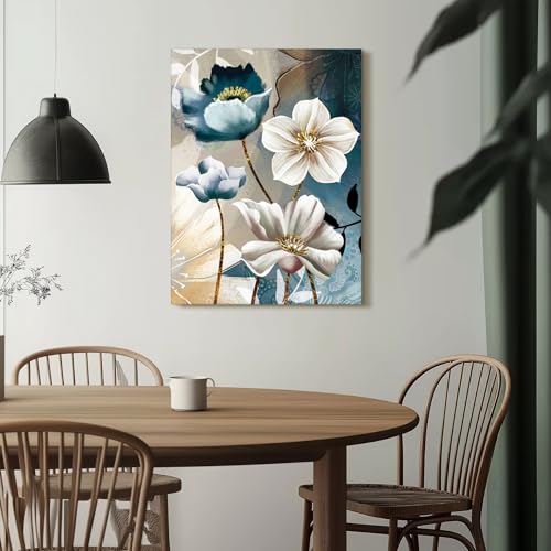 SERIMINO 3 Piece Lotus Flower Canvas Wall Art for Living Room, Blue Floral Picture Wall Decor for Dining Room Bedroom, Art Print Painting for Home Decorations 12"X16"
