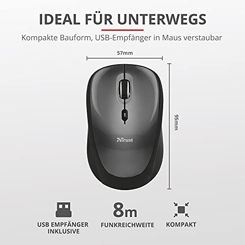 Trust Yvi Kabellose Optische Funkmaus, 2.4GHz, USB-Mikroempfänger, Rechts- und Linkshänder, 800/1600 DPI, Wireless Maus für PC, Laptop, MacBook - Schwarz – Bild 5