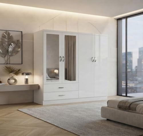 Image of High Gloss 4 Door 2 Drawer Tall Mirrored Wardrobe | With Storage Shelf & Hanging Rail | Bedrooms Storage H182.5cm x D52cm x W154cm (White)
