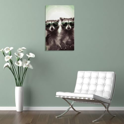 Raton laveur vert drôle avec lunettes de soleil sur toile moderne