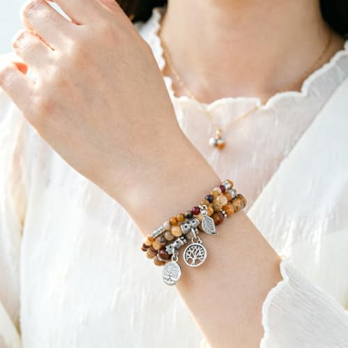Image of YGLINE Tree of Life Yoga Healing Stone Bracelets,Multilayer Lotus Chakra Stone Reiki Bracelet Sets,Anxiety Crystal Natural Stone,for Women Stress Relief