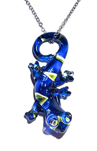 Handmade Large Blue Lizard Art Glass Blown Animal Figurine Pendant Necklace Jewelry