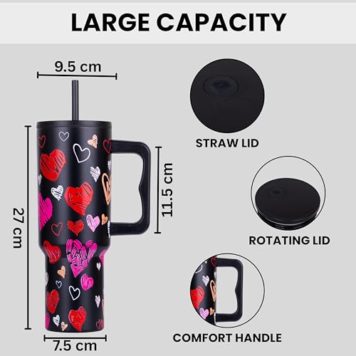 Image of Tumbler with lid and Straw 1200ML Cup Stainless Steel Vacuum Insulated Tumbler for Water, Iced Tea or Coffee 1.2L Office Gym Travelling (Black Heart)