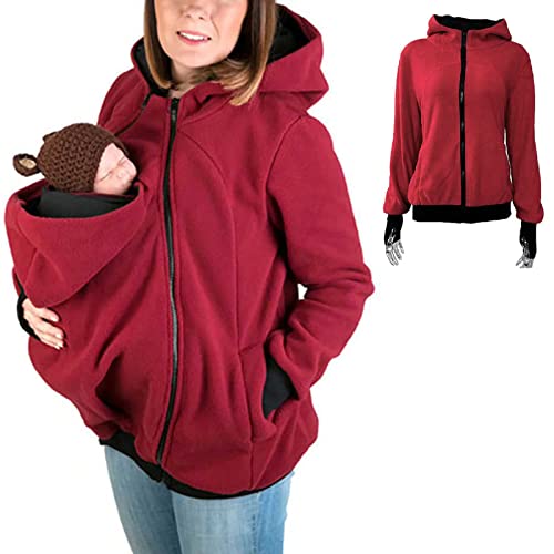 3 En 1 Sudaderas De Premamá En Forma De Canguro De Lana Abrigo Premamá para Mujer Multifunción, Calentar Portabebés Chaqueta con Baby Bolsillos, Red-S