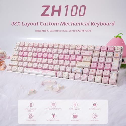 Image of ZORNHER ZH100 Wireless Cat Mechanical Keyboard,98% Pink Cute Creamy Keyboard with Number Pad,Full Size Girly Kitty Gaming Keyboard,Meow Meow Squad Keycaps,Silent Quiet Switches,Hot-Swappable